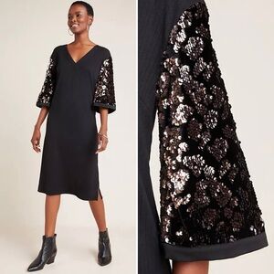 Anthropologie Ro & De Ariel Sequined Sleeve V-Neck Midi Dress Black Size XS‎